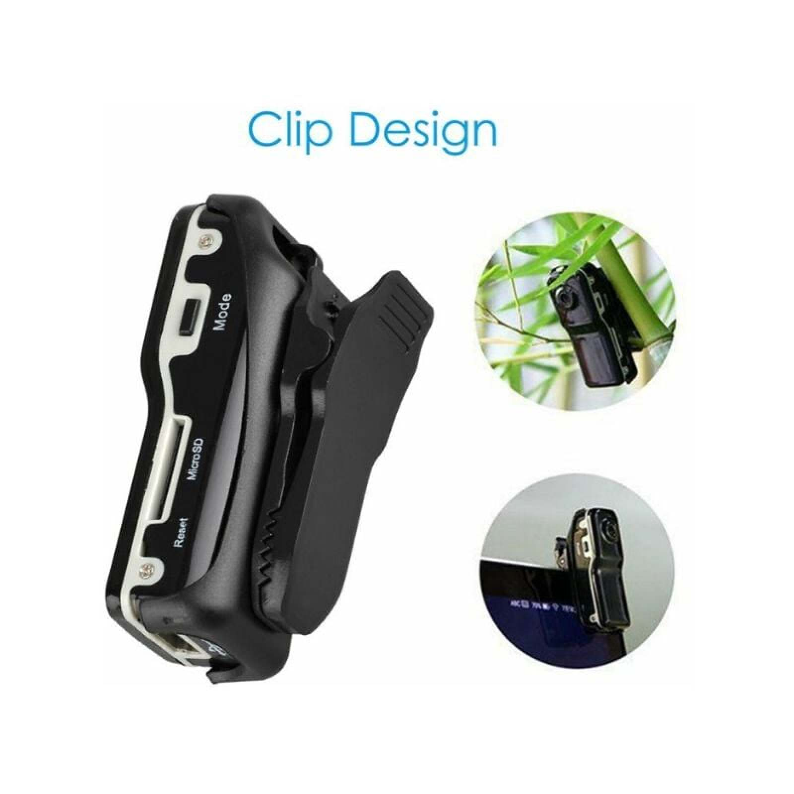 Schwarzer Clip-Kamerakörper mit Beschriftungen: Mode, MicroSD, Reset. Kleine Kameras auf Bambus und auf einem blauen Objekt.
