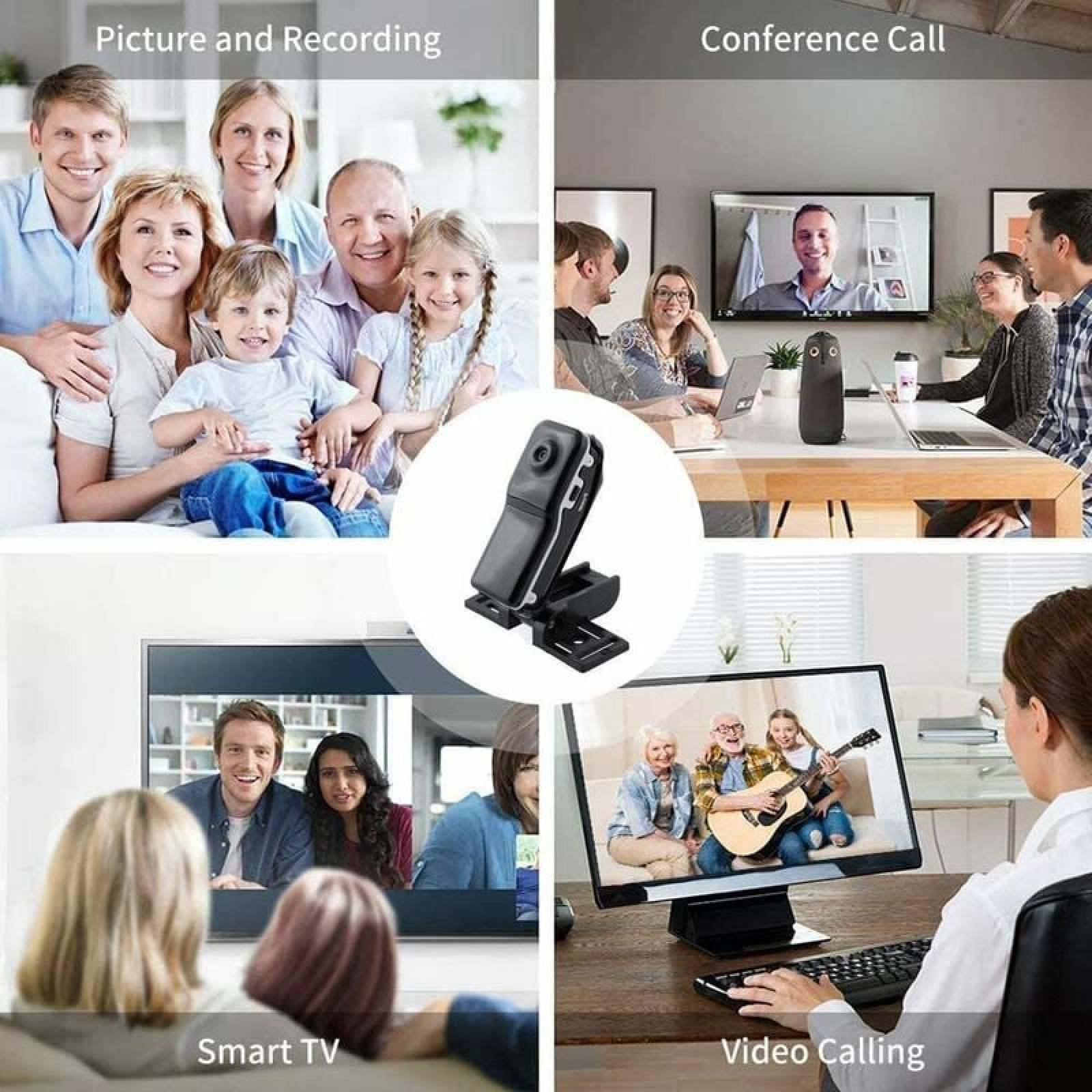 Collage mit Familie, Konferenzanruf, Smart-TV, Videoanruf und Minikamera.