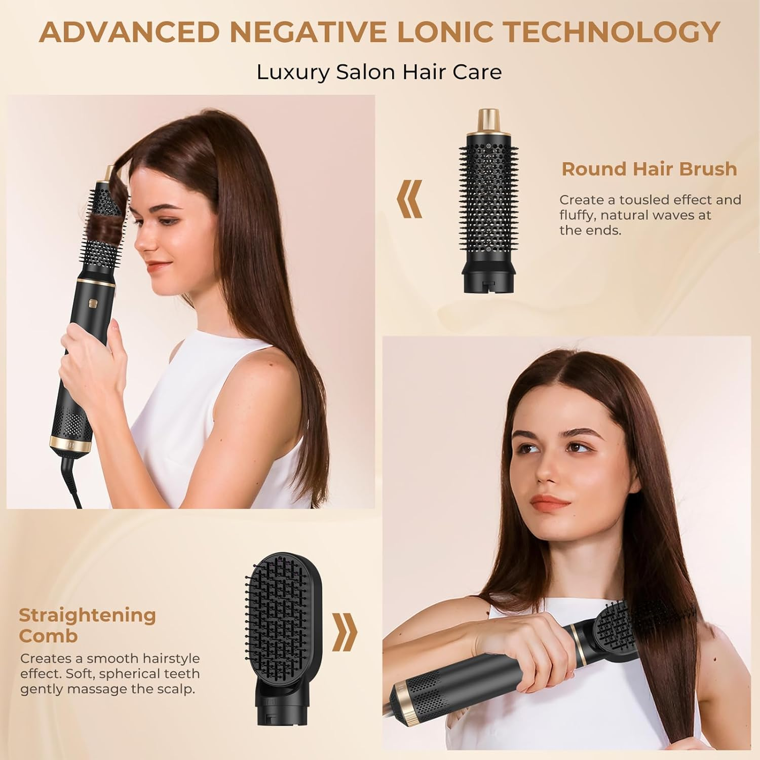 Frau mit einem schwarzen Haartrockner, der negative Ionen Technologie verwendet.