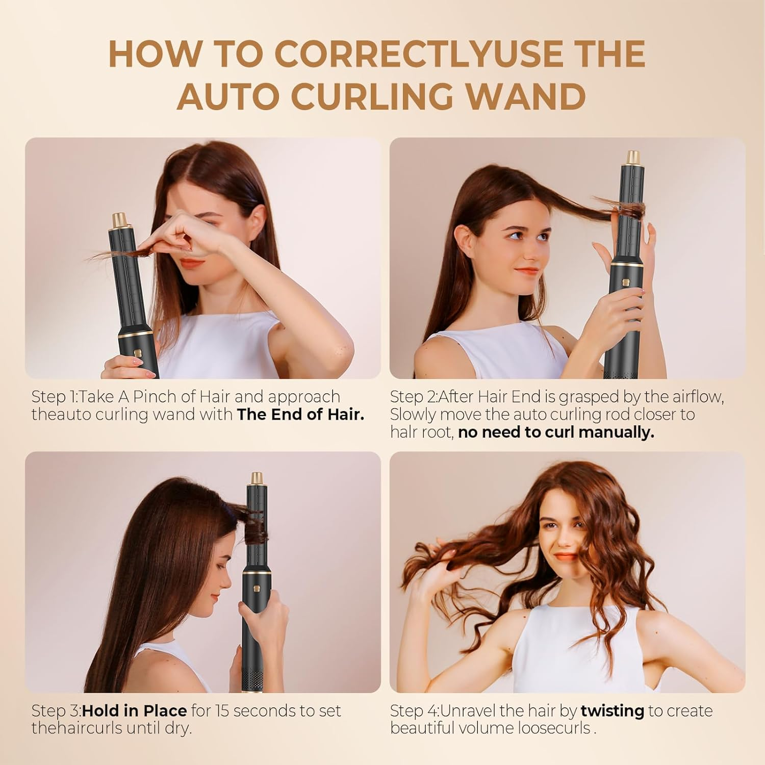 Collage zeigt vier Schritte zur Verwendung eines automatischen Lockenstabs für Haare.