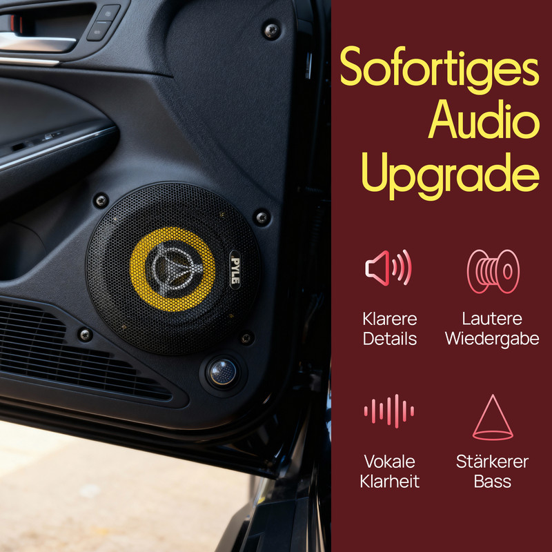 Ein Autotür-Lautsprecher mit gelbem Akzent und Text zur Audio-Aufwertung.