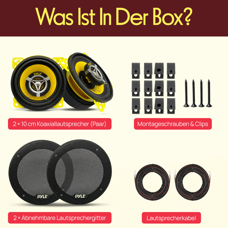 Inhalt einer Box: Lautsprecher, Schrauben, Clips, Gitter und Kabel.