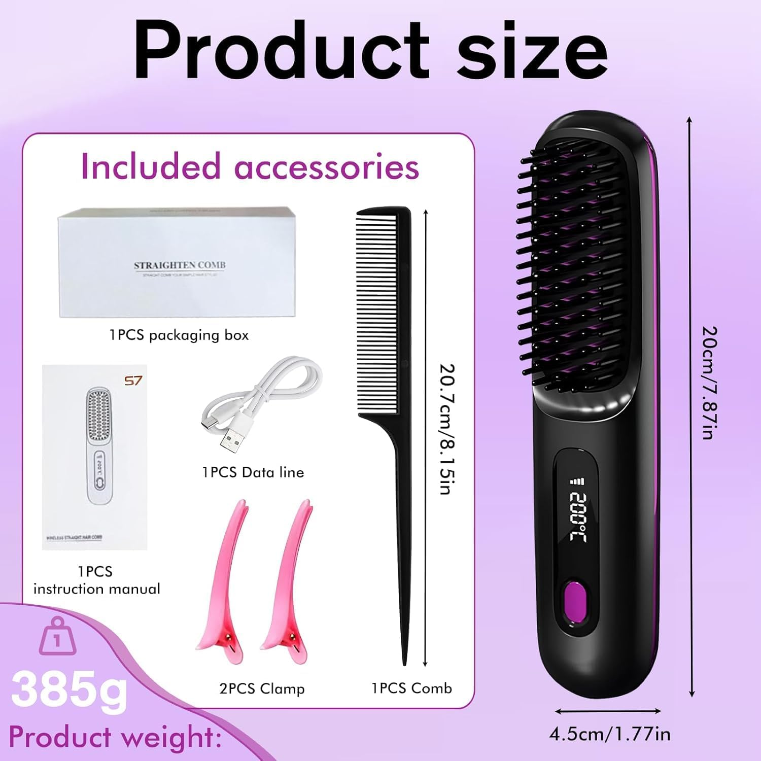 Produktgröße und Zubehör: Haarglätter, Kamm, Datenkabel, Klemmen, Anleitung, Box.