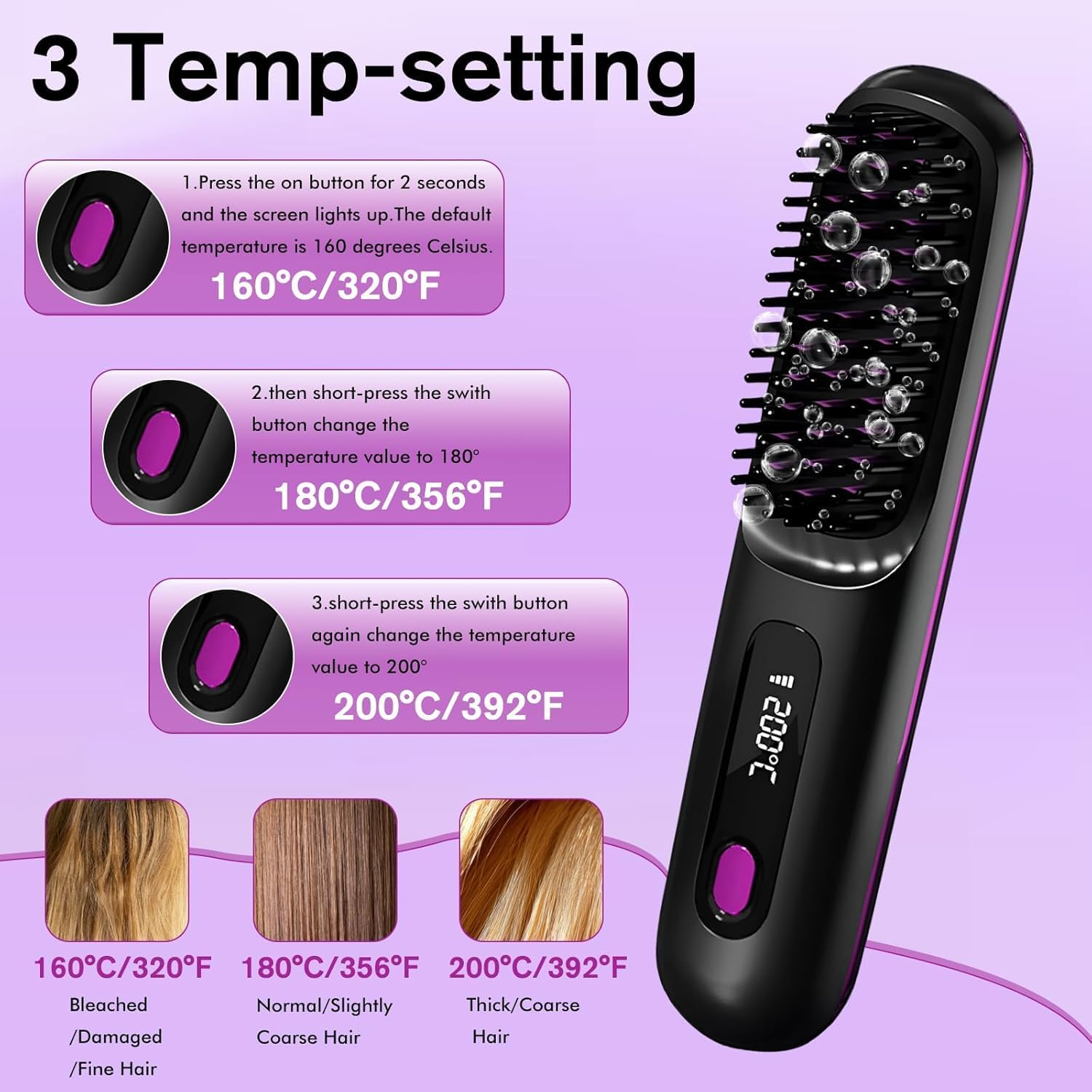 Ein schwarzer Glättkamm mit pinken Akzenten und einem digitalen Display zeigt 200°C.