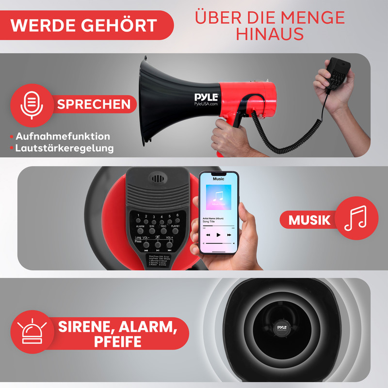 Ein Megafon mit den Funktionen Sprechen, Musik und Sirene.
