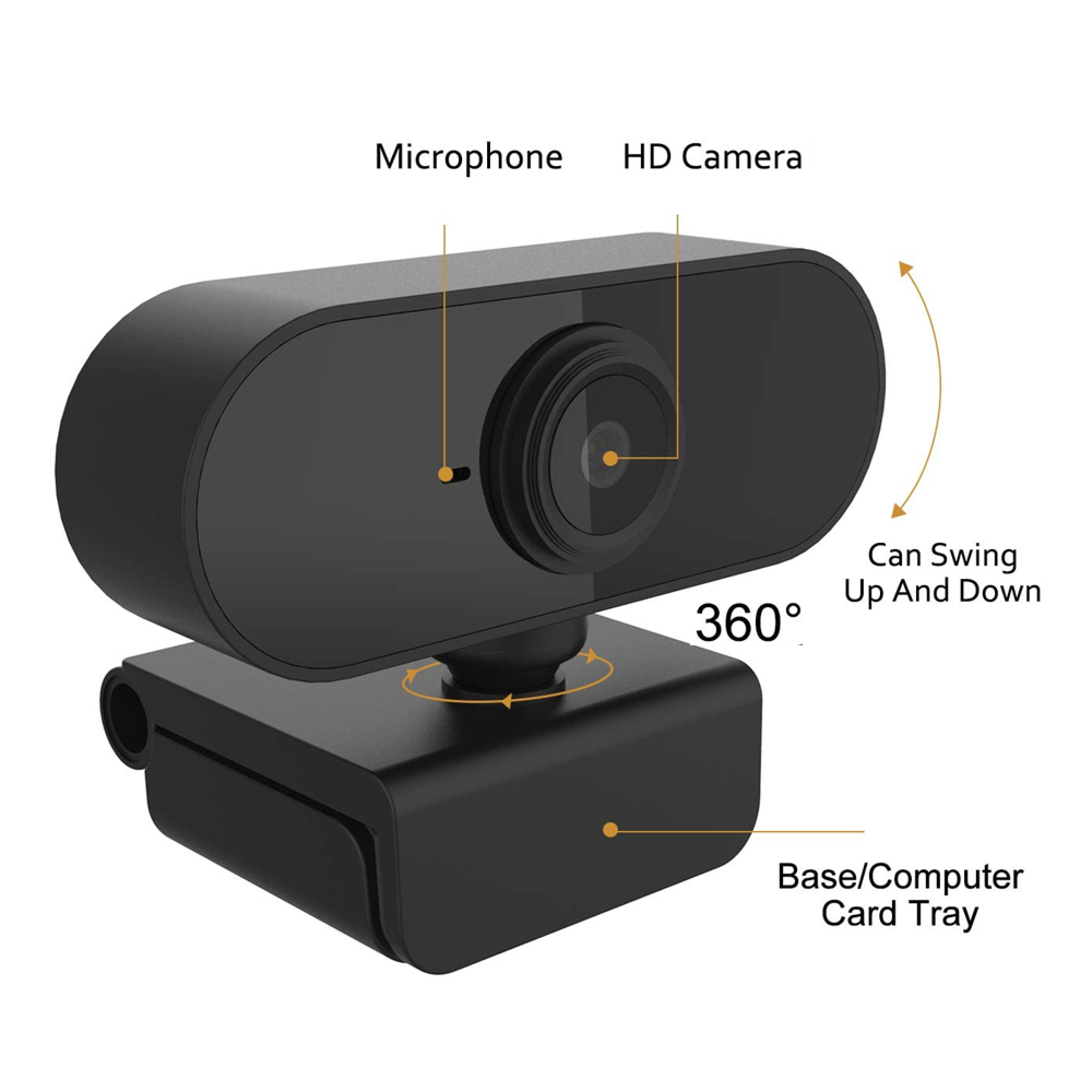 Schwarze Webcam mit Mikrofon, HD-Kamera, 360-Grad-Drehung und schwenkbarem Fuß.