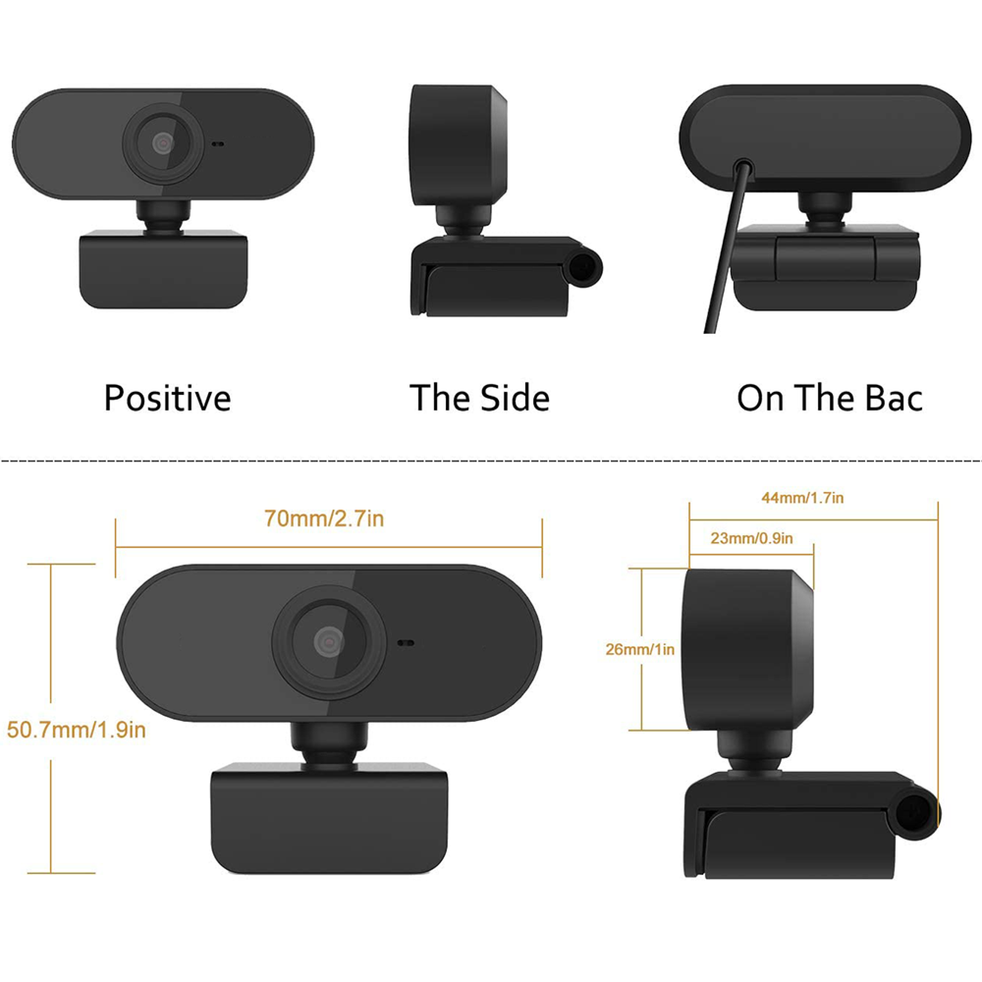 Schwarz webcam mit Maßen: 70mm Breite, 50.7mm Höhe, 26mm Tiefe.