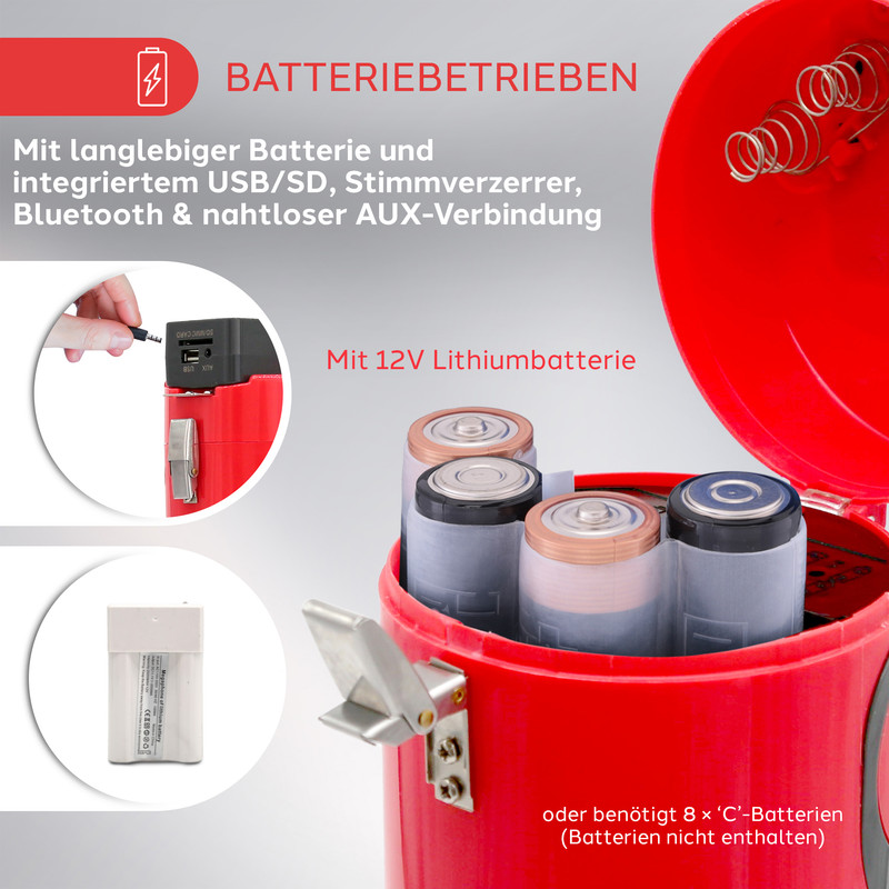 Rotes Gerät mit Batterien und Anschlüssen. Hinweis auf Batteriebetrieb.