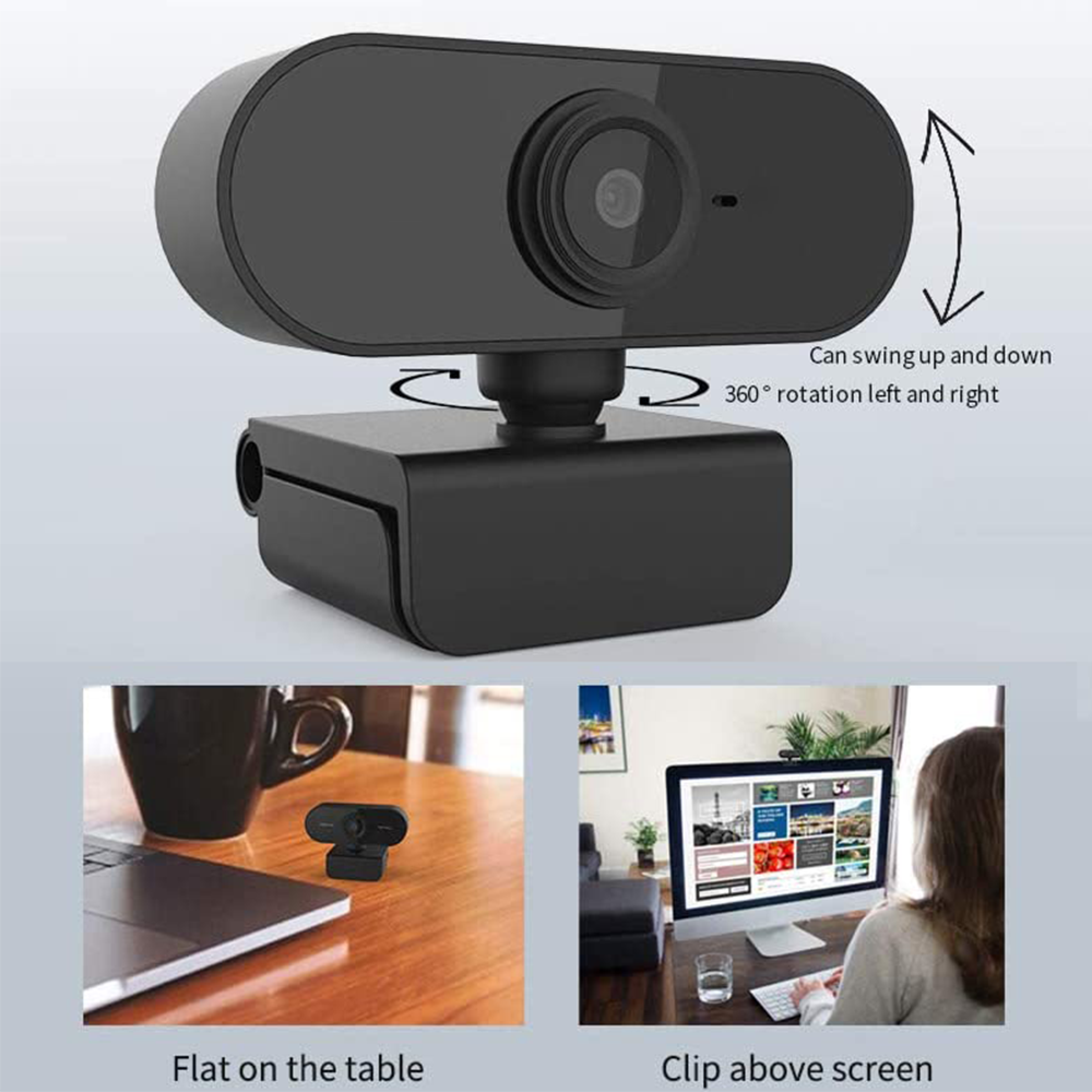 Schwarze Webcam mit verstellbarem Kopf, auf Tisch und Bildschirm gezeigt.