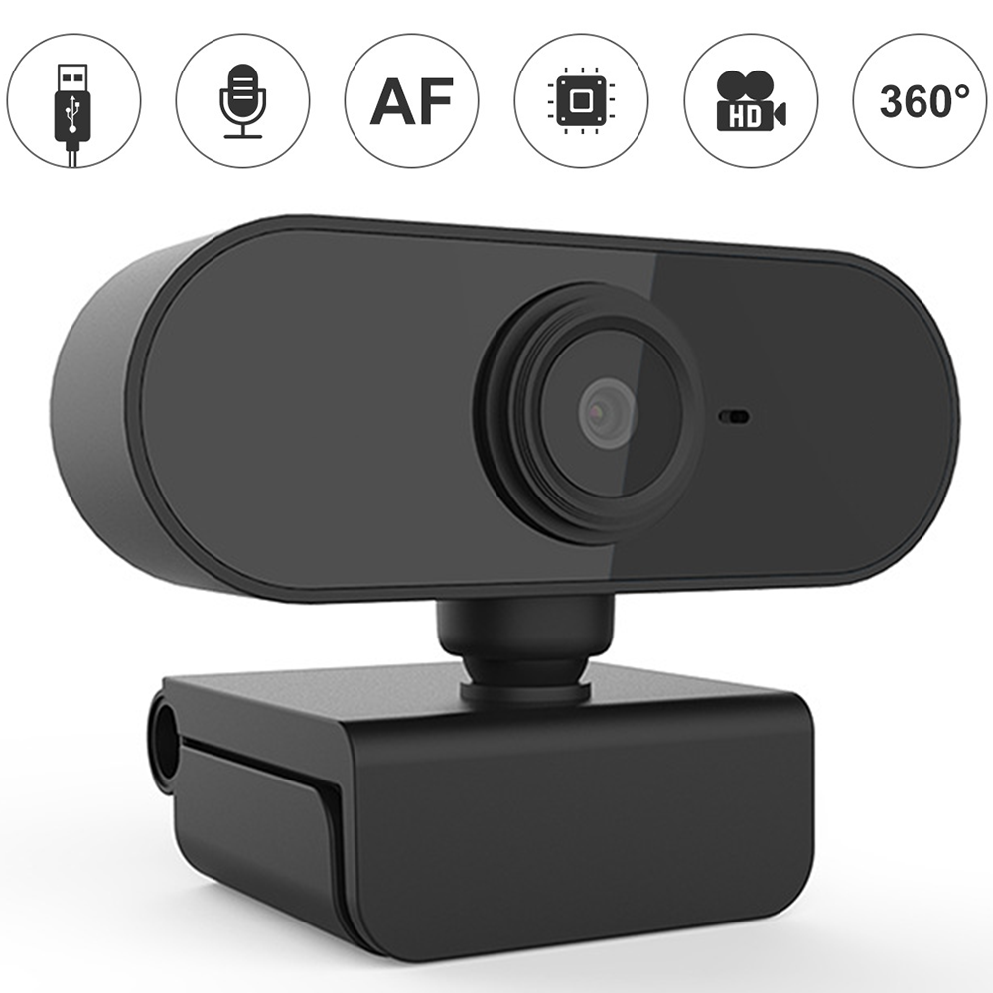 Eine schwarze Webcam mit USB-, Mikrofon-, AF-, Chip-, HD-Video- und 360°-Symbolen darüber.