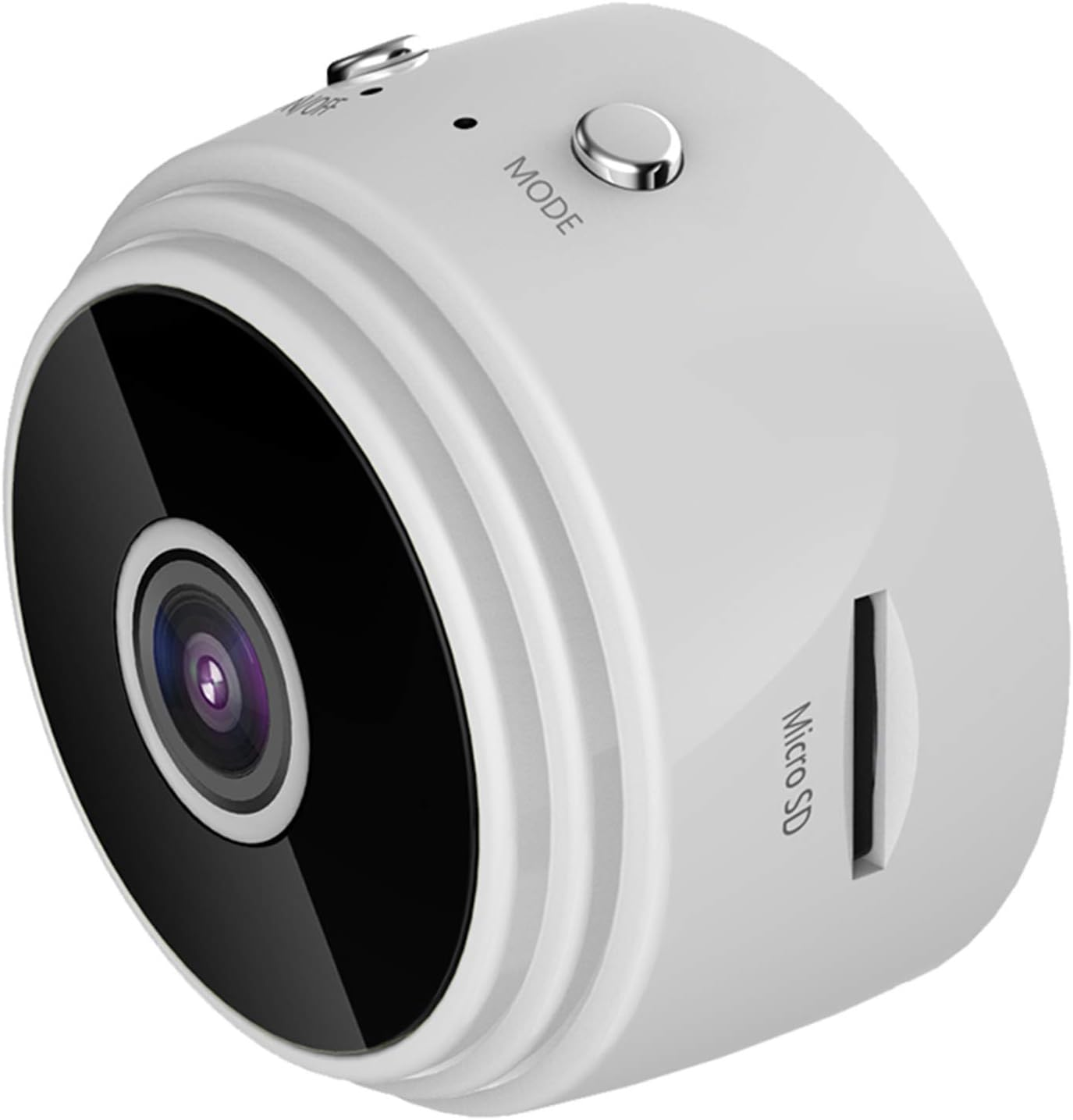 Kompakte weiße Kamera mit Objektiv und Micro-SD-Slot.