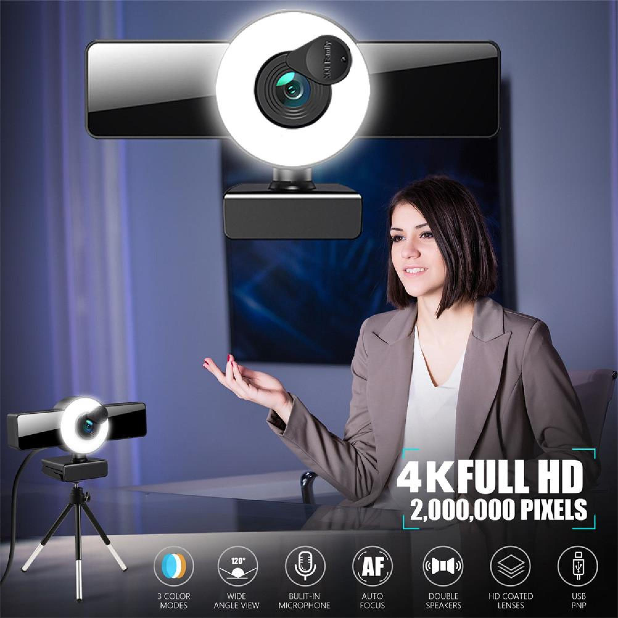 Eine Frau sitzt vor einer Webcam mit Ringlicht, daneben Icons für Funktionen.