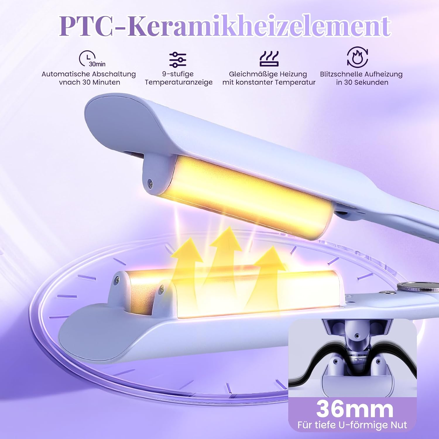 Lila Glätteisen mit PTC-Keramikheizelement, 36mm Nutbreite.