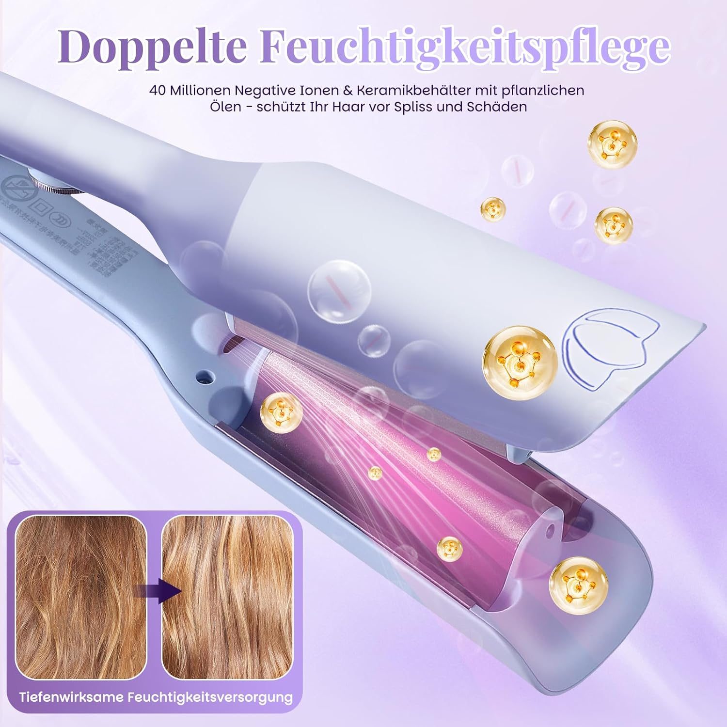 Haarglätter mit lila Akzenten, zeigt Ionen und Öltropfen, sowie Vorher-Nachher-Haar.