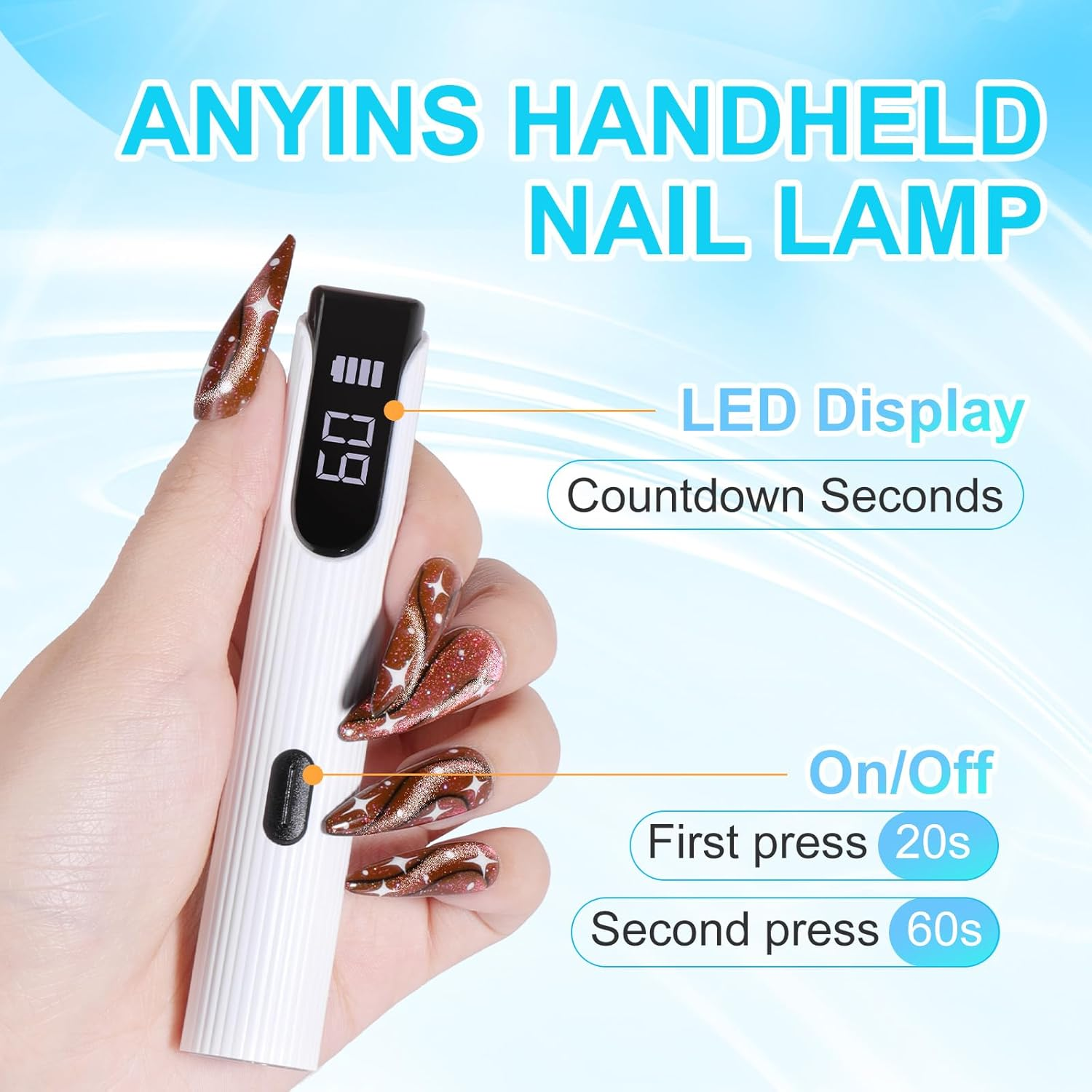 Eine Hand hält eine weiße Nagellampe mit LED-Anzeige und Timer.