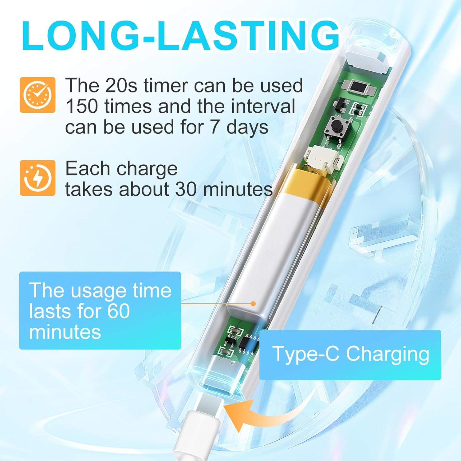 Langlebiger Stift mit Typ-C-Ladefunktion, 30 Min. Ladezeit, 60 Min. Nutzungsdauer.