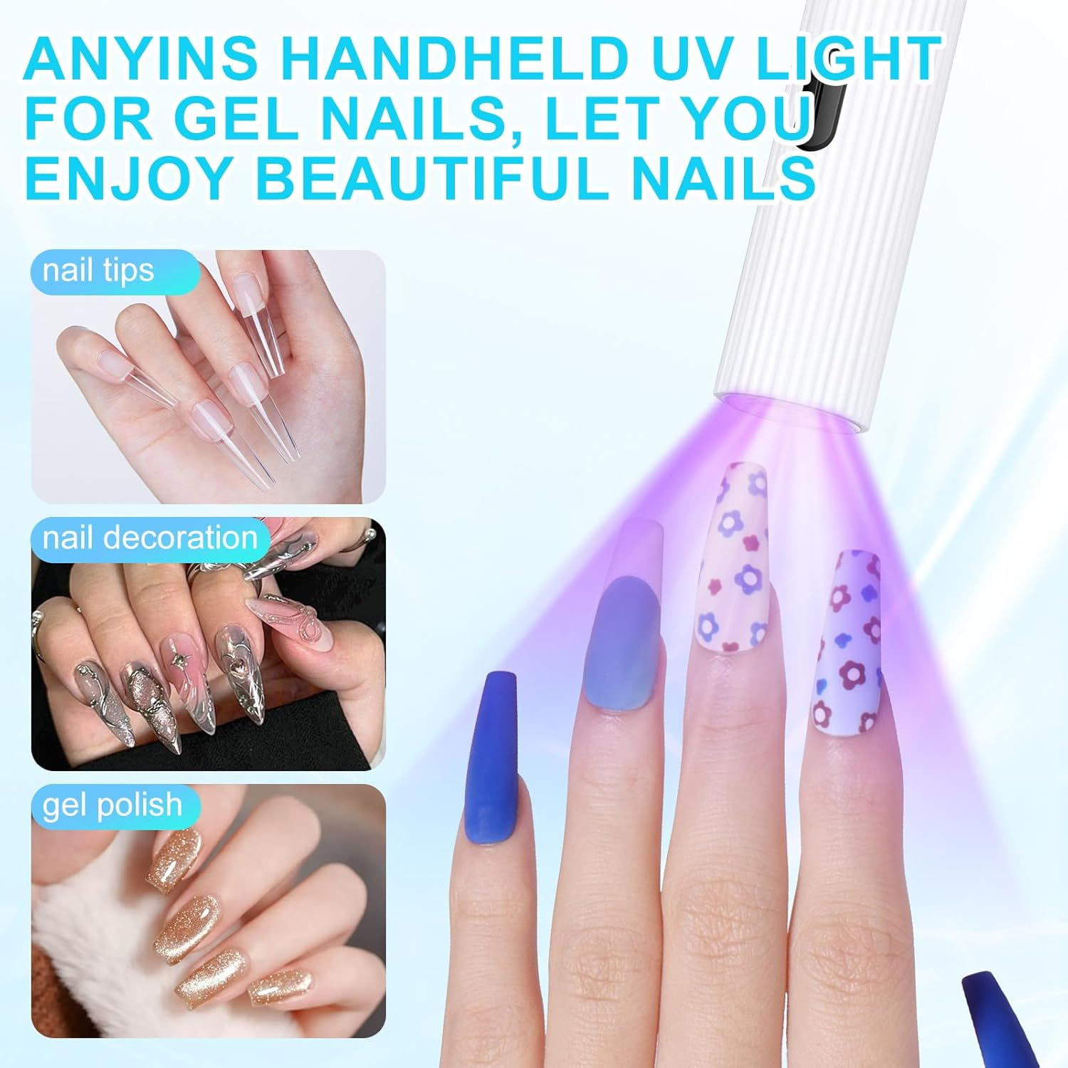 Hand-UV-Lampe trocknet Nägel mit lila Licht. Zeigt Nagelspitzen, Dekorationen und Gel-Polish.