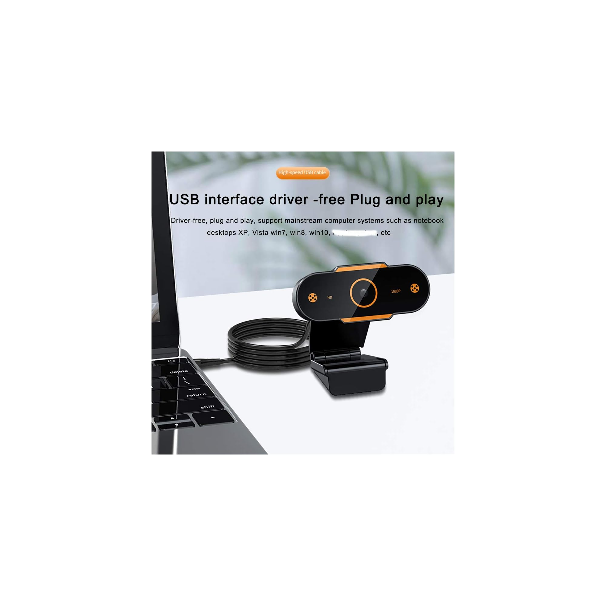 Schwarze Webcam mit orangefarbenen Akzenten, angeschlossen an einen Laptop.