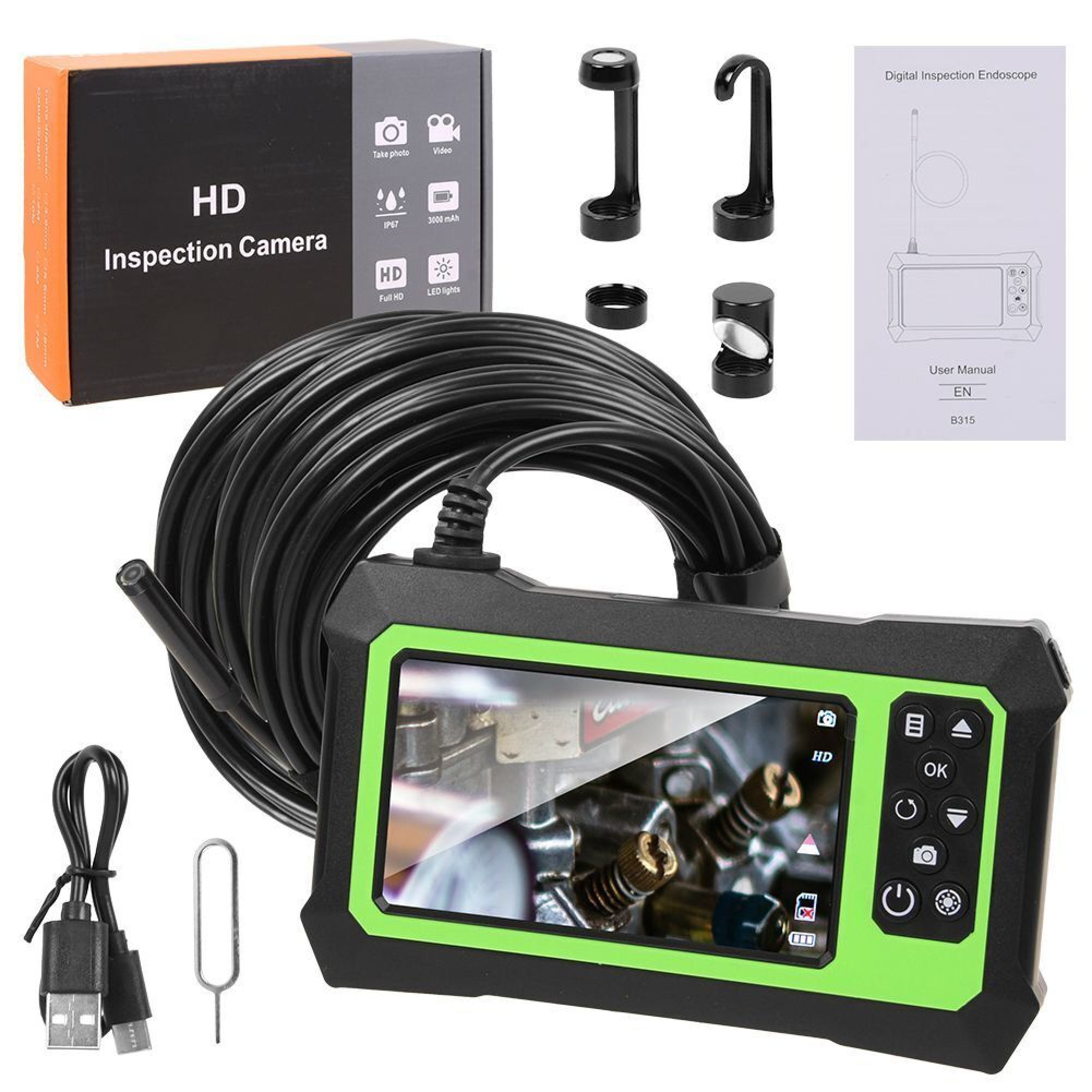 Inspektionskamera mit HD-Bildschirm, Kabel, USB-Kabel und Zubehör.