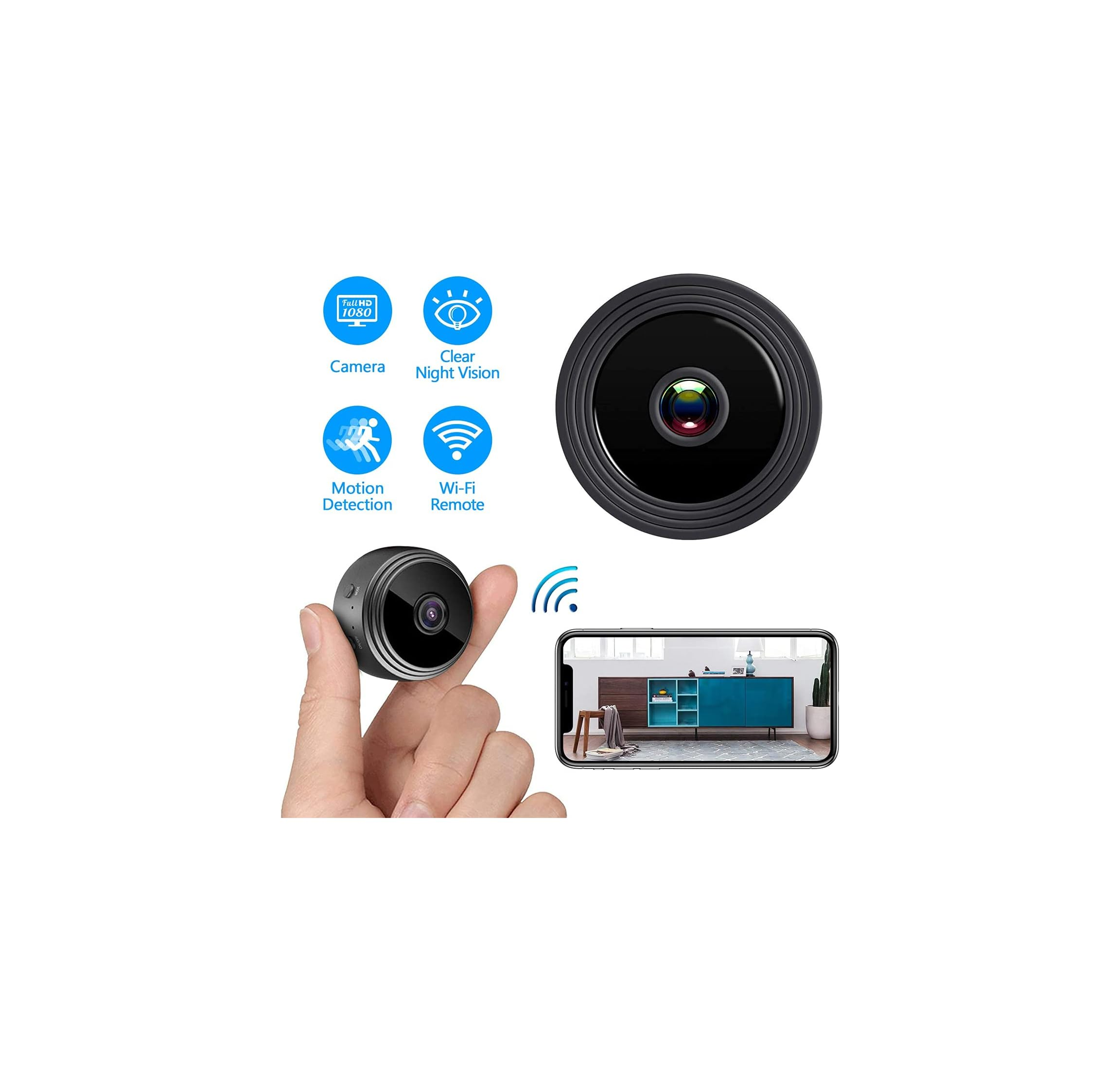 Eine Hand hält eine kleine schwarze Kamera. Icons zeigen 1080p, Nachtsicht, Bewegungserkennung & WLAN.