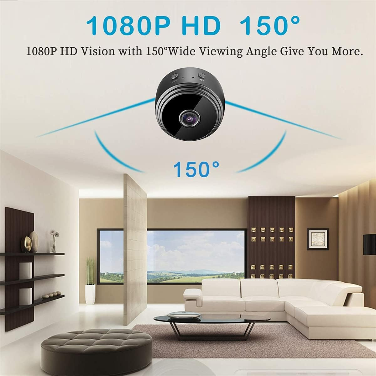 Kamera mit 1080p HD und 150° Sichtfeld über einem modernen Wohnzimmer.
