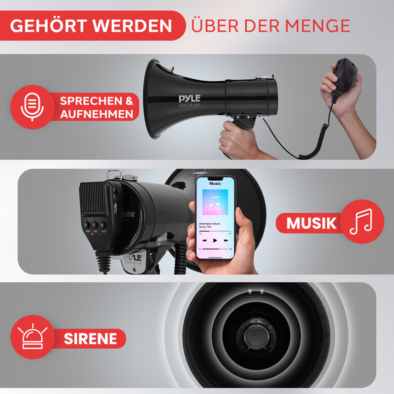 Megafon mit Mikrofon, Musikplayer-App auf Smartphone und Sirenen-Symbol.