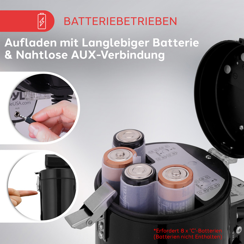 Batteriefach mit acht C-Batterien, AUX-Anschluss und Ladehinweis.