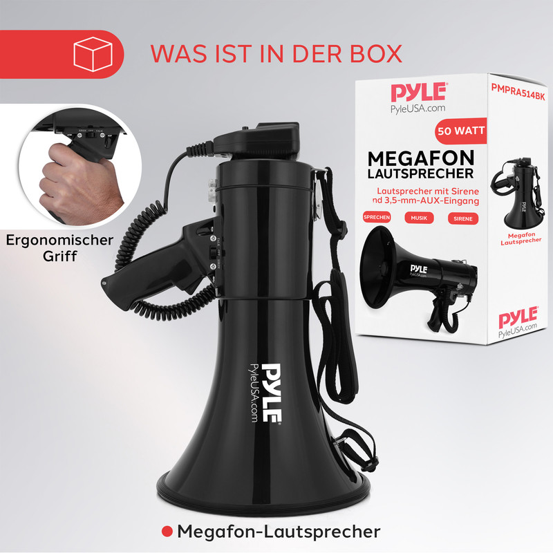 Ein schwarzes Megafon mit Griff und Tragegurt, daneben die Verpackung.