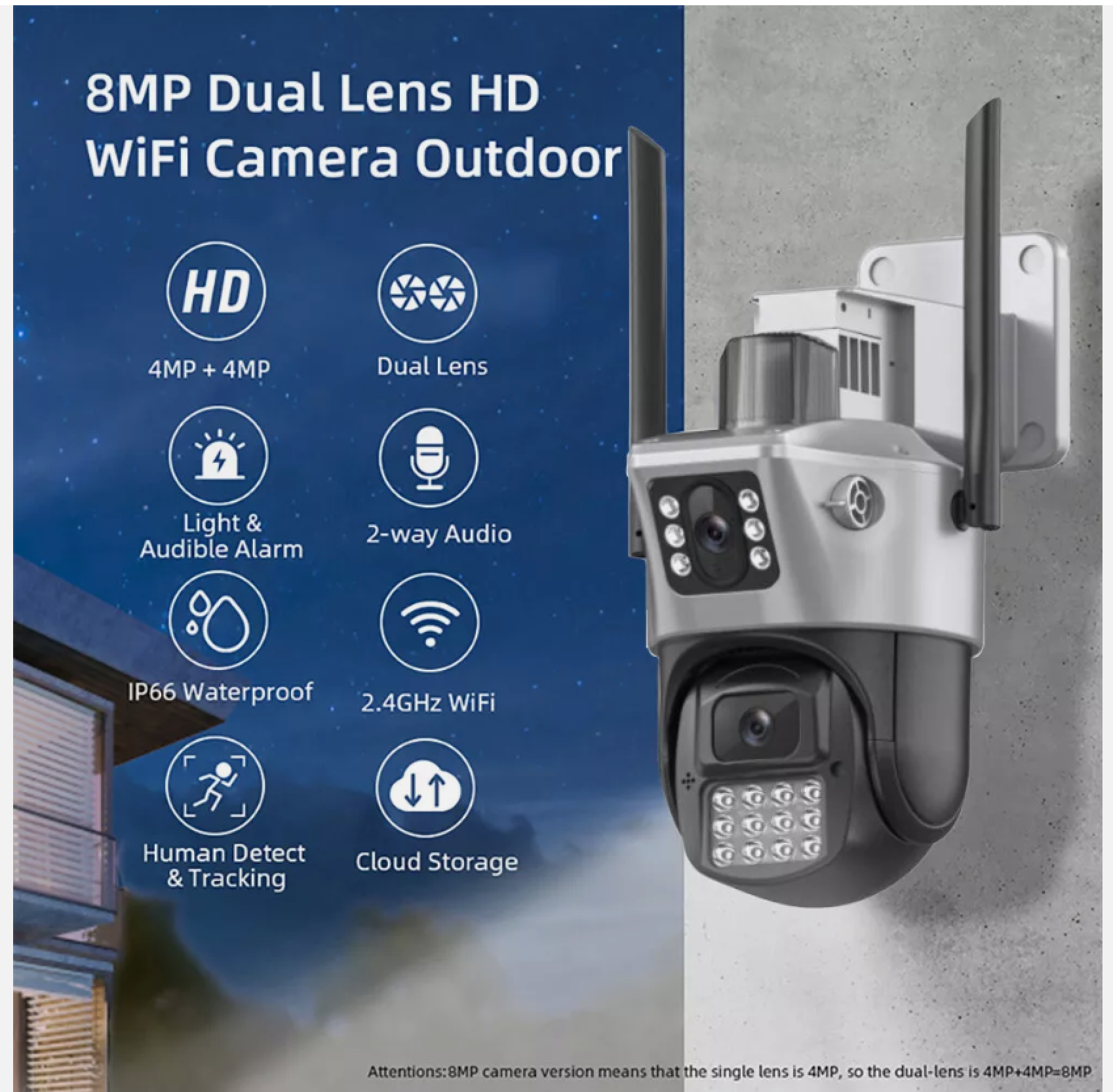 Eine 8MP Dual-Lens HD WiFi-Kamera für den Außenbereich mit Symbolen für Funktionen.