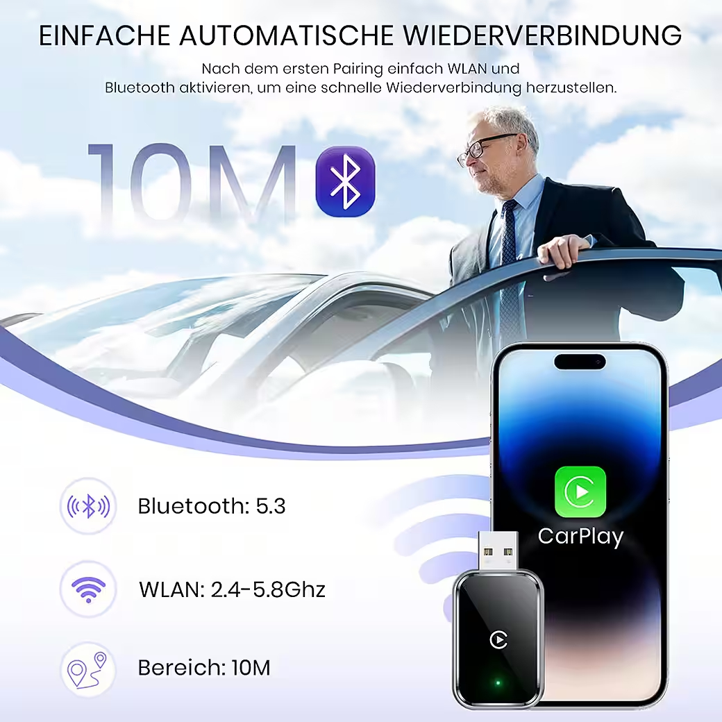 Mann steigt ins Auto. Display zeigt CarPlay, USB-Adapter, Bluetooth 5.3, WLAN.