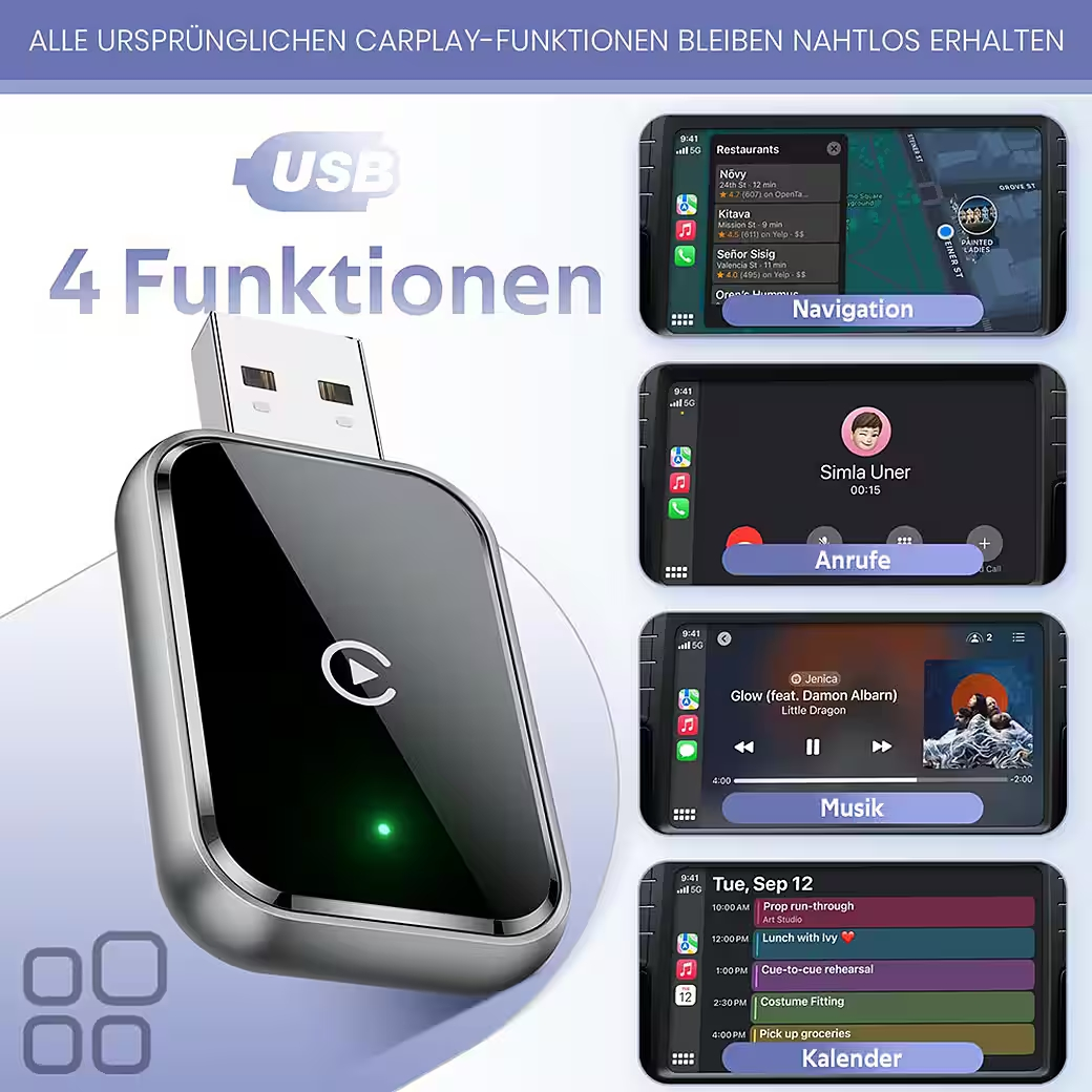 USB-Adapter mit 4 Funktionen, zeigt Navigations-, Anruf-, Musik- und Kalender-Apps.