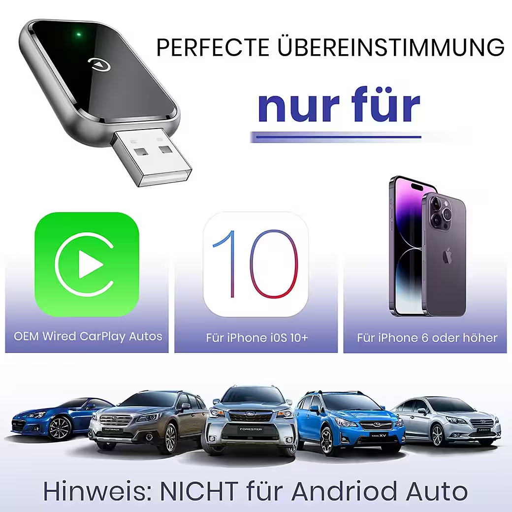 USB-Adapter für CarPlay, kompatibel mit iPhone iOS 10+ und iPhone 6+.