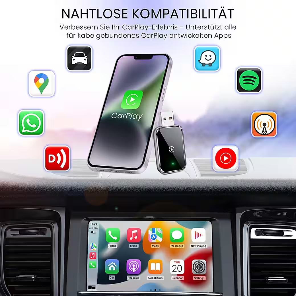 iPhone mit CarPlay-Adapter und App-Icons über Auto-Infotainment-Display.