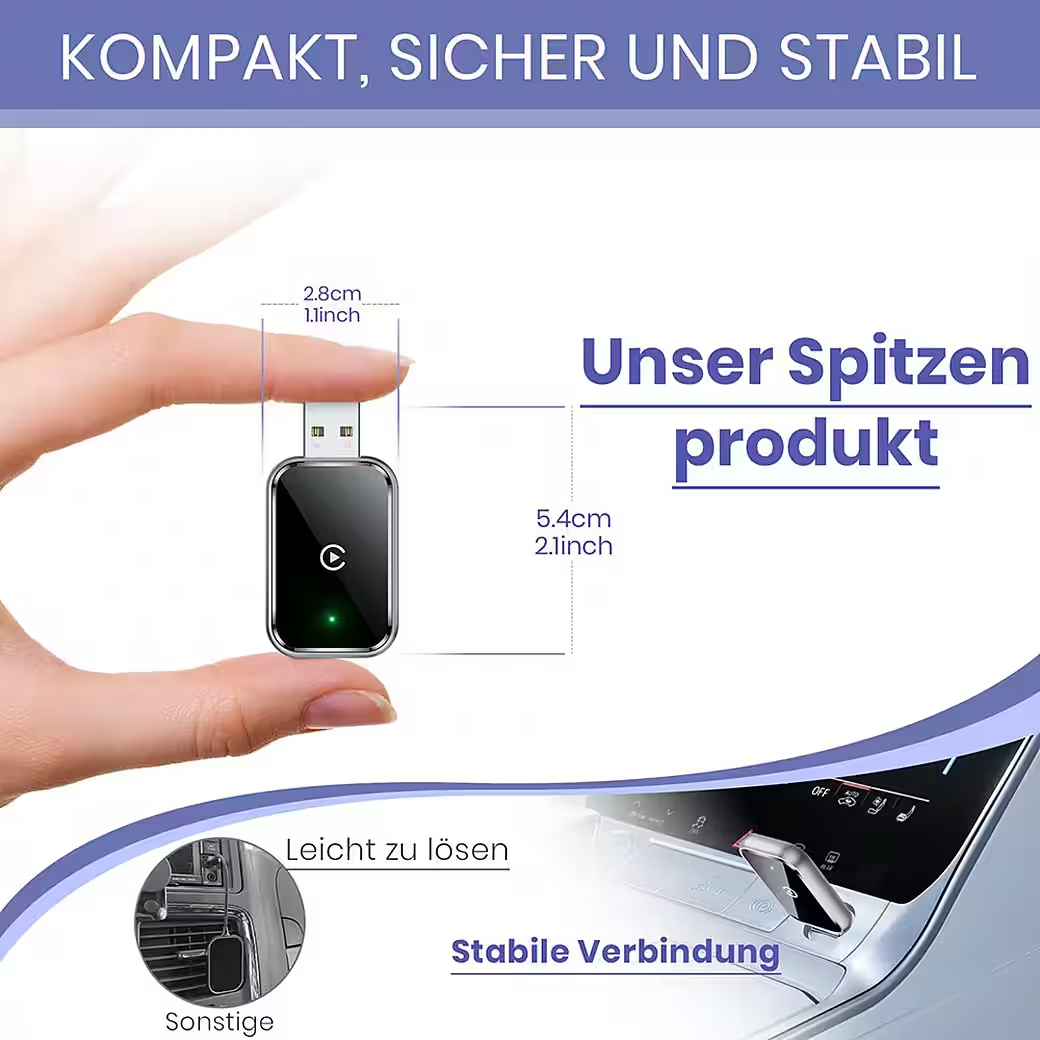 Hand hält kompakten schwarzen USB-Adapter mit grünem Licht. Maße angegeben.