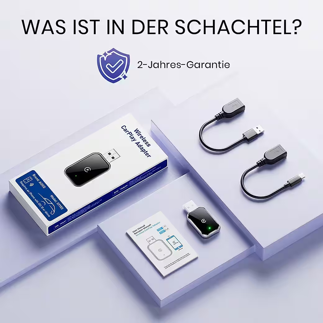 Ein Wireless CarPlay Adapter, Kabel und Anleitung liegen auf lila Podesten.