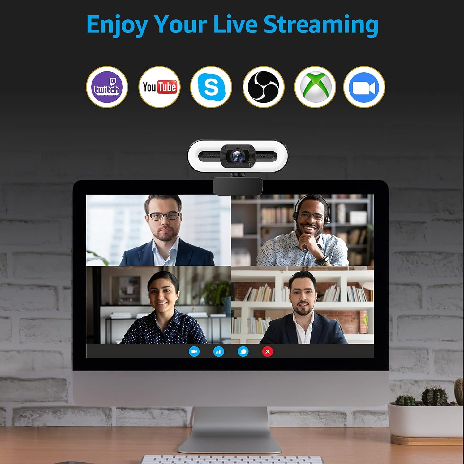 Webcam über einem Monitor mit vier Personen. Logos für Streaming-Dienste oben.