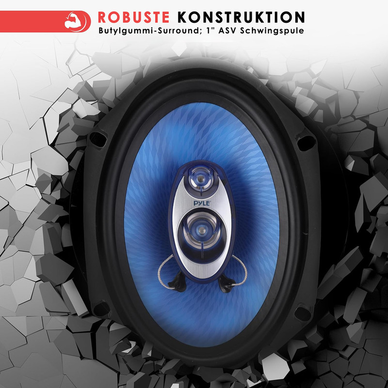 Ein ovaler Lautsprecher mit blauer Membran und Pyle-Logo, vor zerbrochener Wand.
