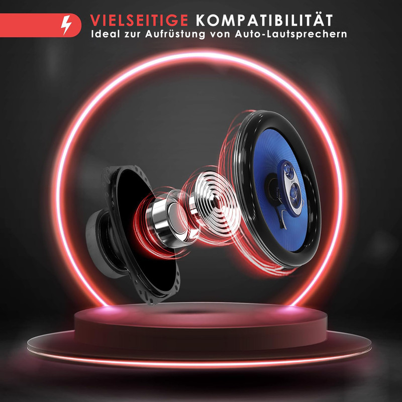 Explodierte Ansicht eines Lautsprechers mit rotem Glühen und neonrotem Ring.