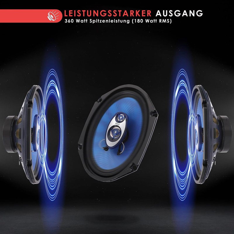 Drei Lautsprecher mit blauen Membranen und blauen Schallwellen auf schwarzem Hintergrund.