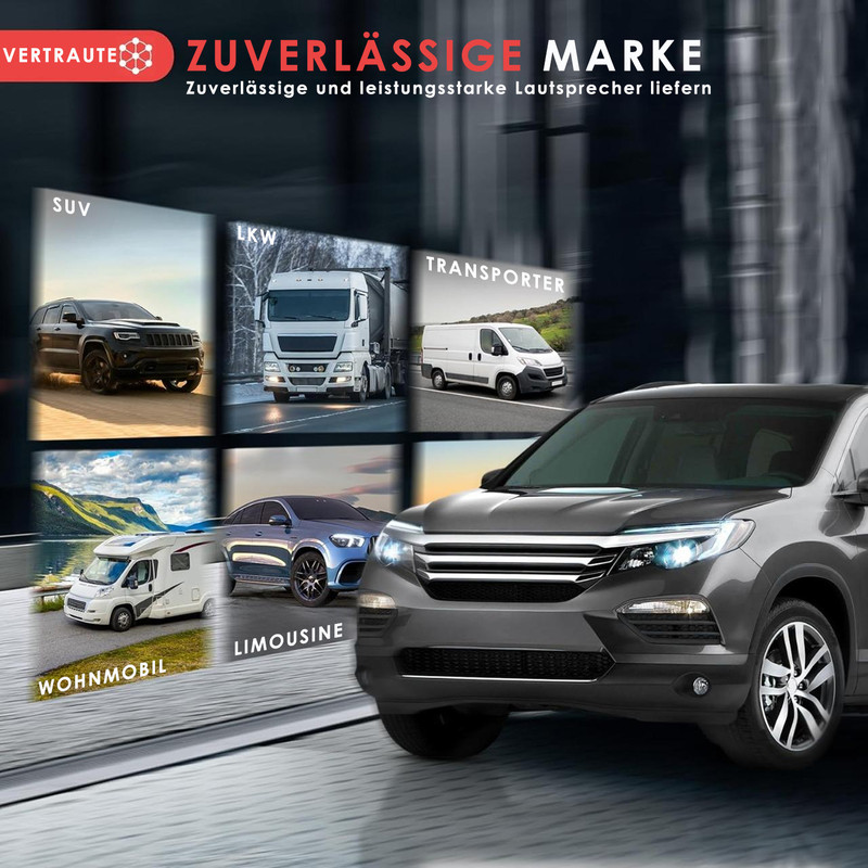 Mehrere Fahrzeuge: SUV, LKW, Transporter, Wohnmobil und Limousine.