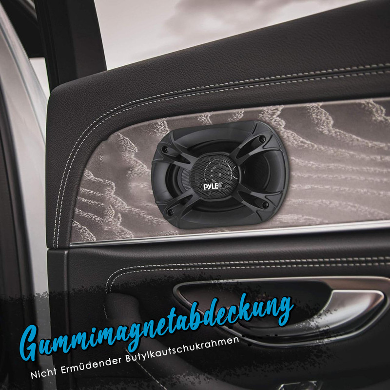 Ein schwarzer Lautsprecher mit PYLE-Logo sitzt in einer Autotürverkleidung aus Leder.