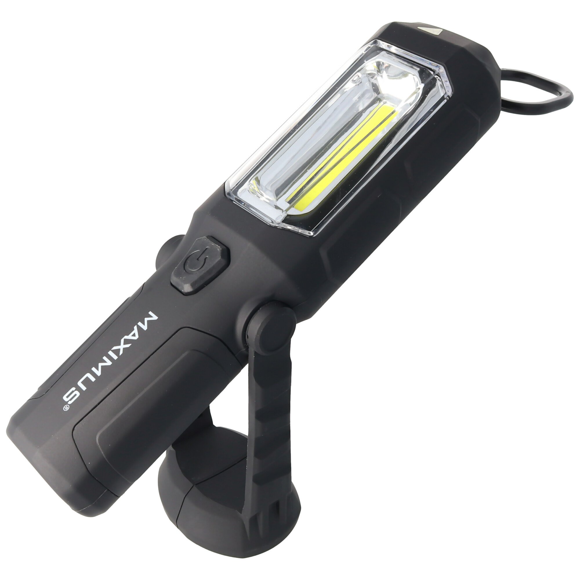 Schwarze Arbeitsleuchte mit LED-Streifen und drehbarem Ständer. Weiße Schrift MAXIMUS.