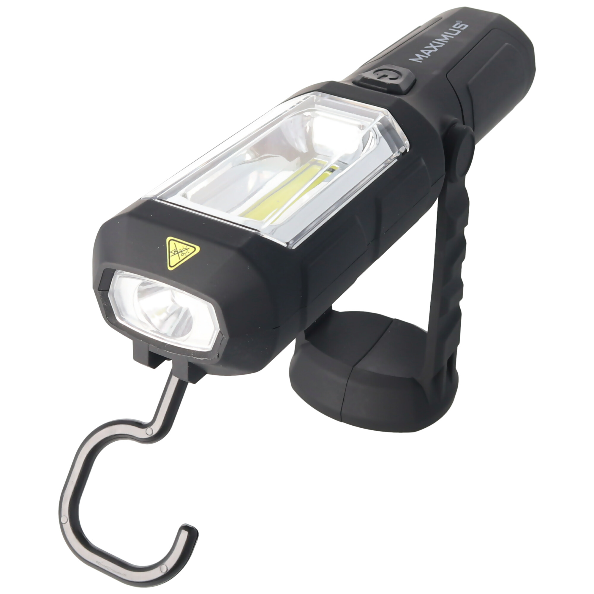 Schwarzes Maximus Arbeitslicht mit LED, Haken und Ständer. Isoliert auf Weiß.