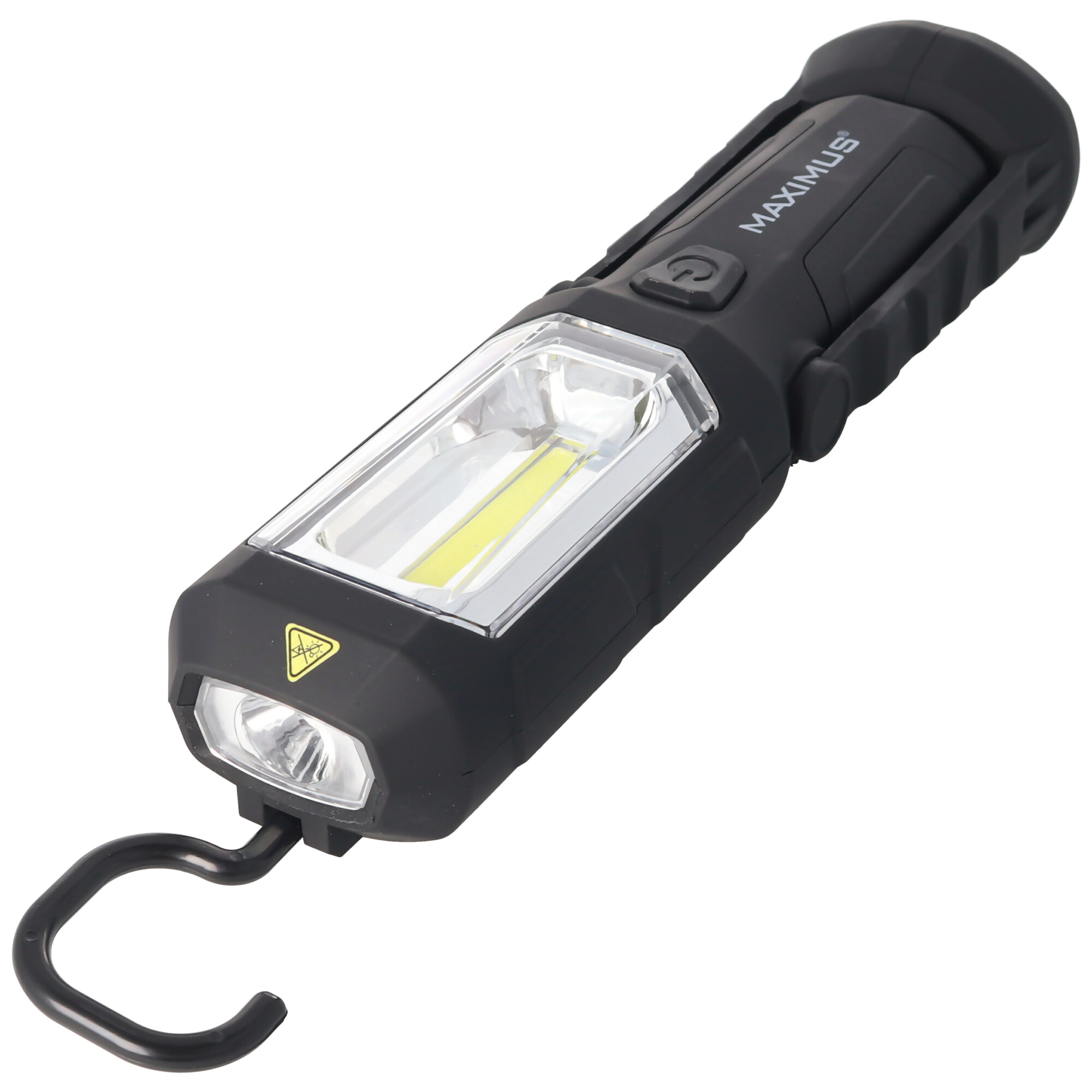 Schwarze Arbeitsleuchte mit Haken und COB-LEDs.