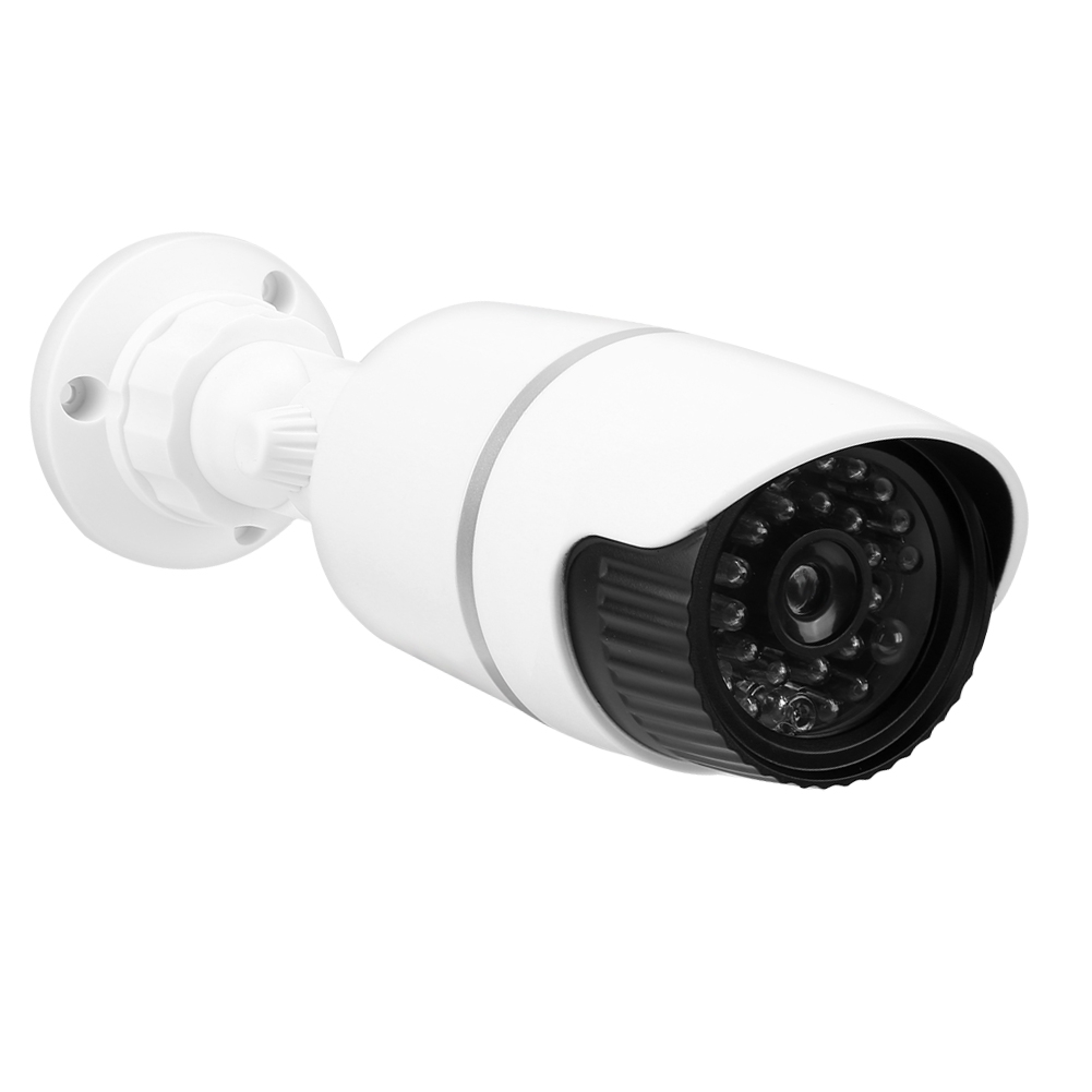 Eine weiße Überwachungskamera mit Infrarot-LEDs und schwarzem Objektiv.