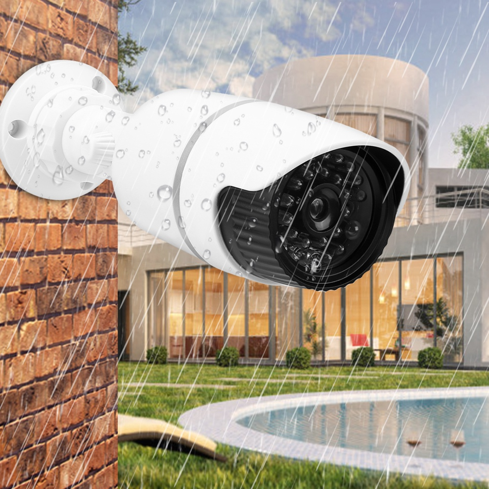 Weiße Überwachungskamera an Ziegelwand, Regen fällt auf Haus und Pool.