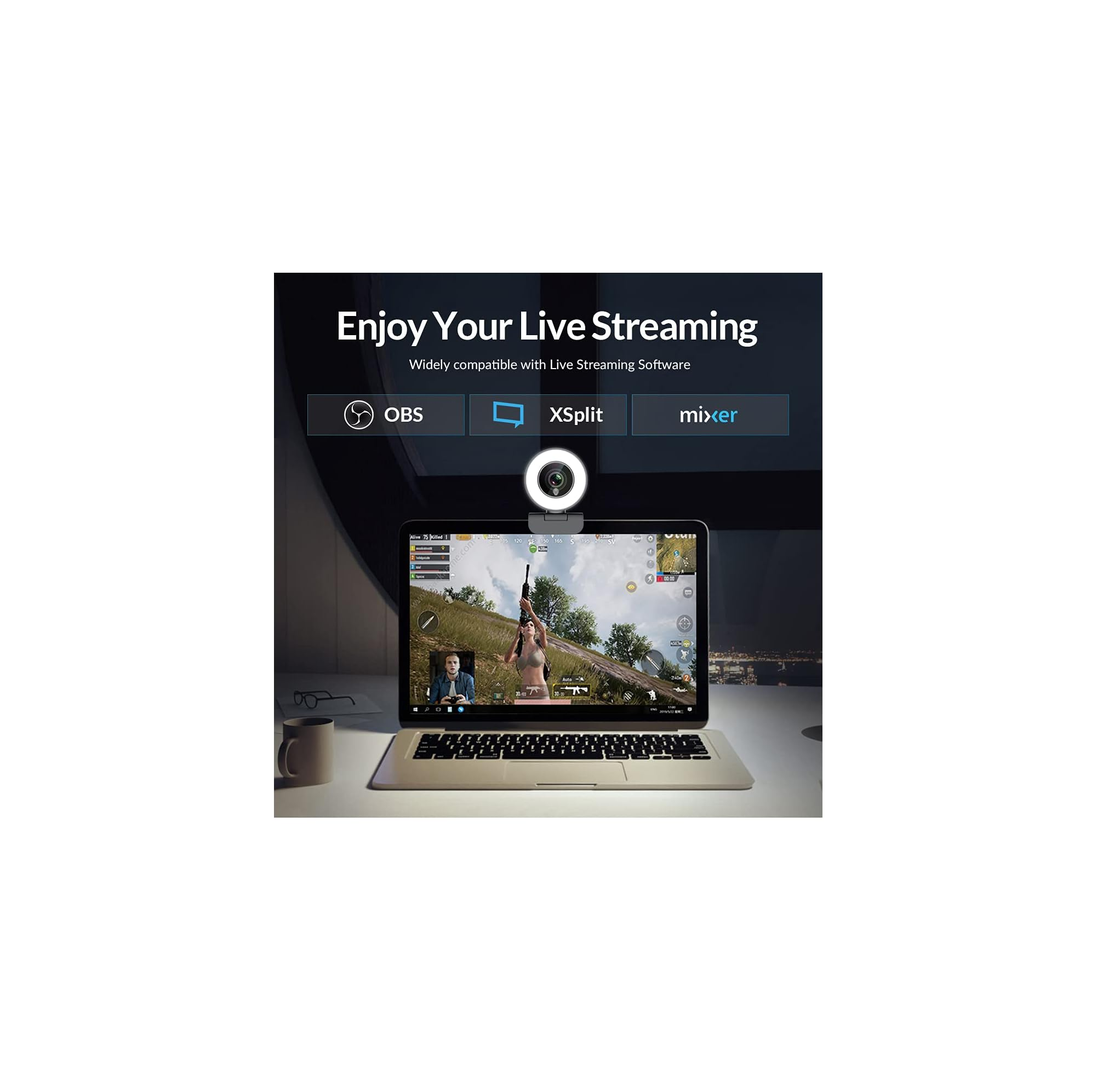 Laptop zeigt ein Videospiel, eine Webcam ist darauf montiert. Kompatibel mit OBS, XSplit, Mixer.