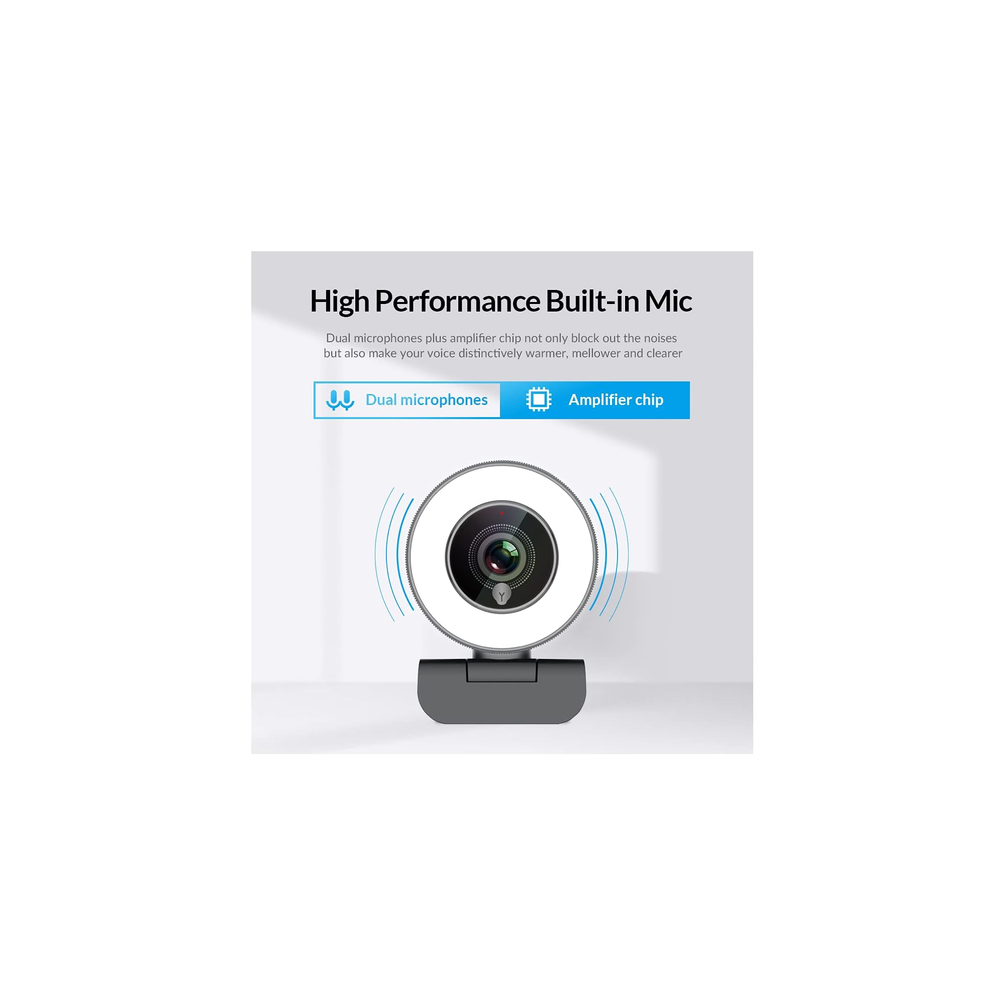 Webcam mit integriertem Mikrofon, Ringlicht und dualen Mikrofonen.