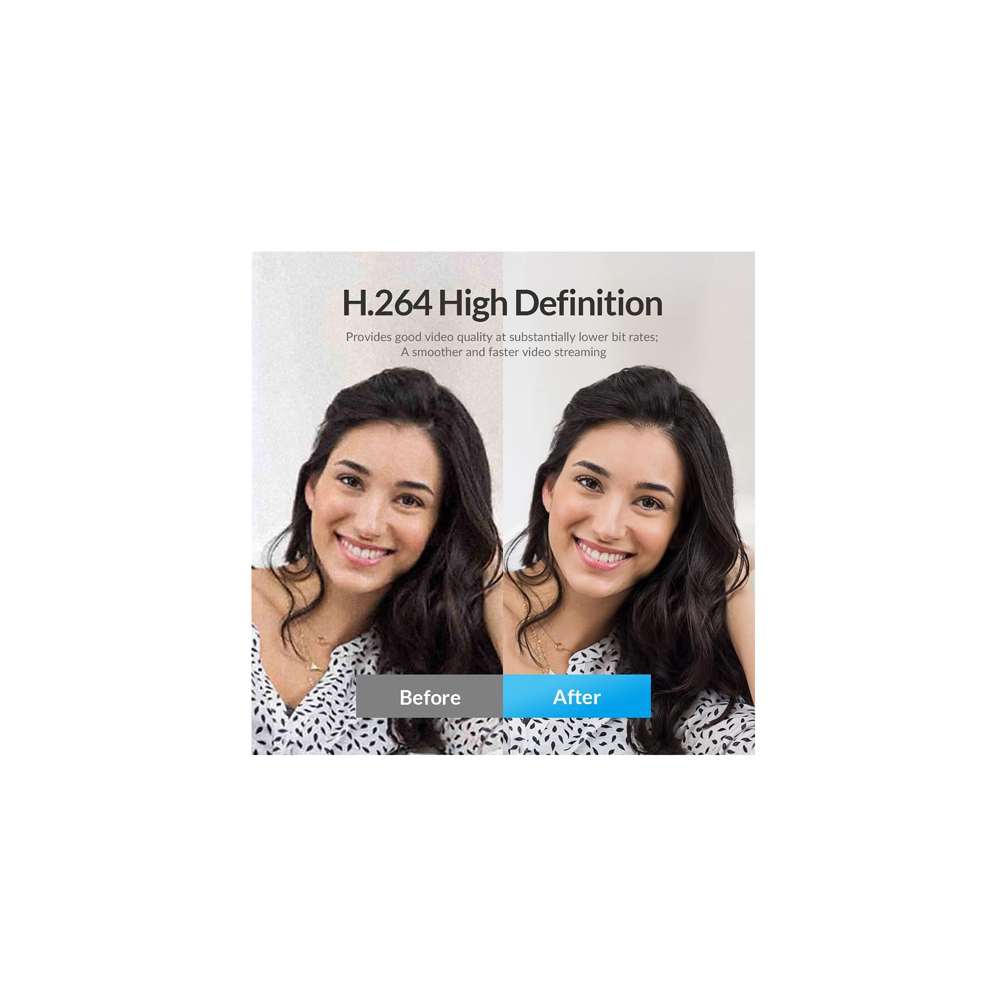 Vorher/Nachher Vergleich einer Frau mit H.264 High Definition.