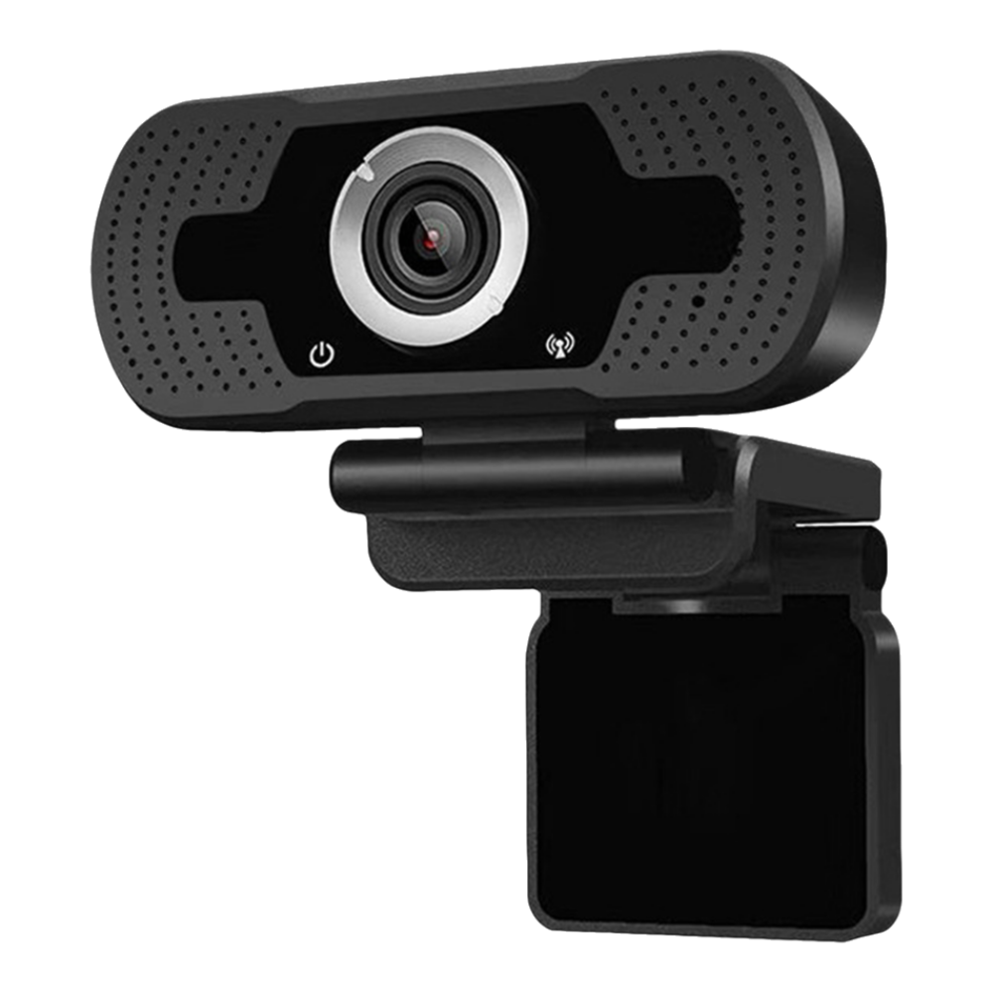 Schwarze Webcam mit Mikrofon, einstellbarem Clip und USB-Anschluss.